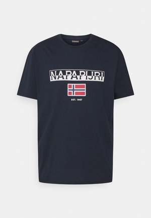 Navy blue cotton t-shirt with short sleeves. Centered white text "NAPAPIJRI" above a small Norway flag and "EST. 1987" below. Classic fit.