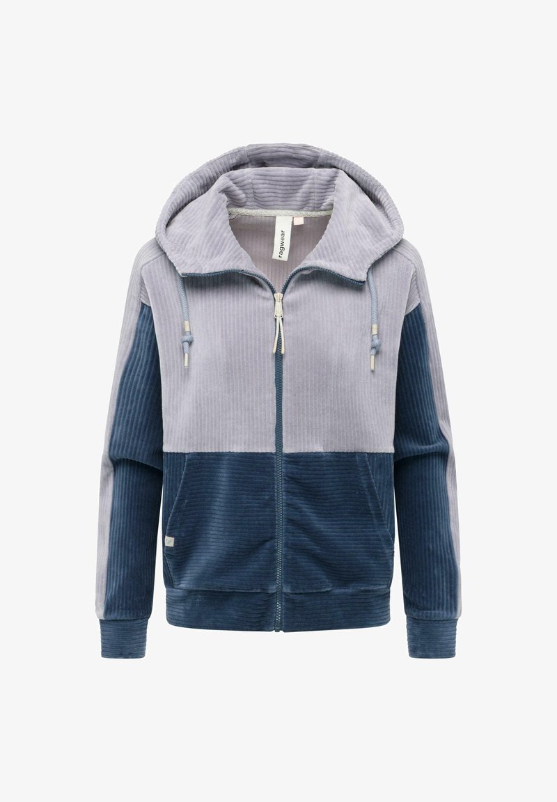 Felpa con cappuccio e zip realizzata in velluto a coste in grigio chiaro e blu scuro. Presenta sezioni bicolore, un cordino regolabile e tasche frontali.