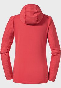Roter Langarm-Hoodie mit strukturierter Kapuze und Ärmeln. Verfügt über ein glattes Oberflächenmaterial, einen leicht taillierten Schnitt und ein Logo auf der unteren Seite.