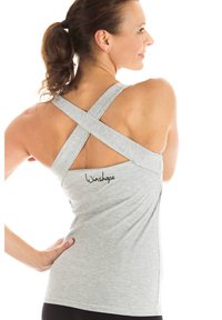 Gray athletic tank top featuring a crossback design, soft fabric, and a small logo on the lower back. Suitable for activewear.