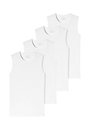 Four plain white sleeveless cotton tank tops arranged in a staggered stack on a white background.