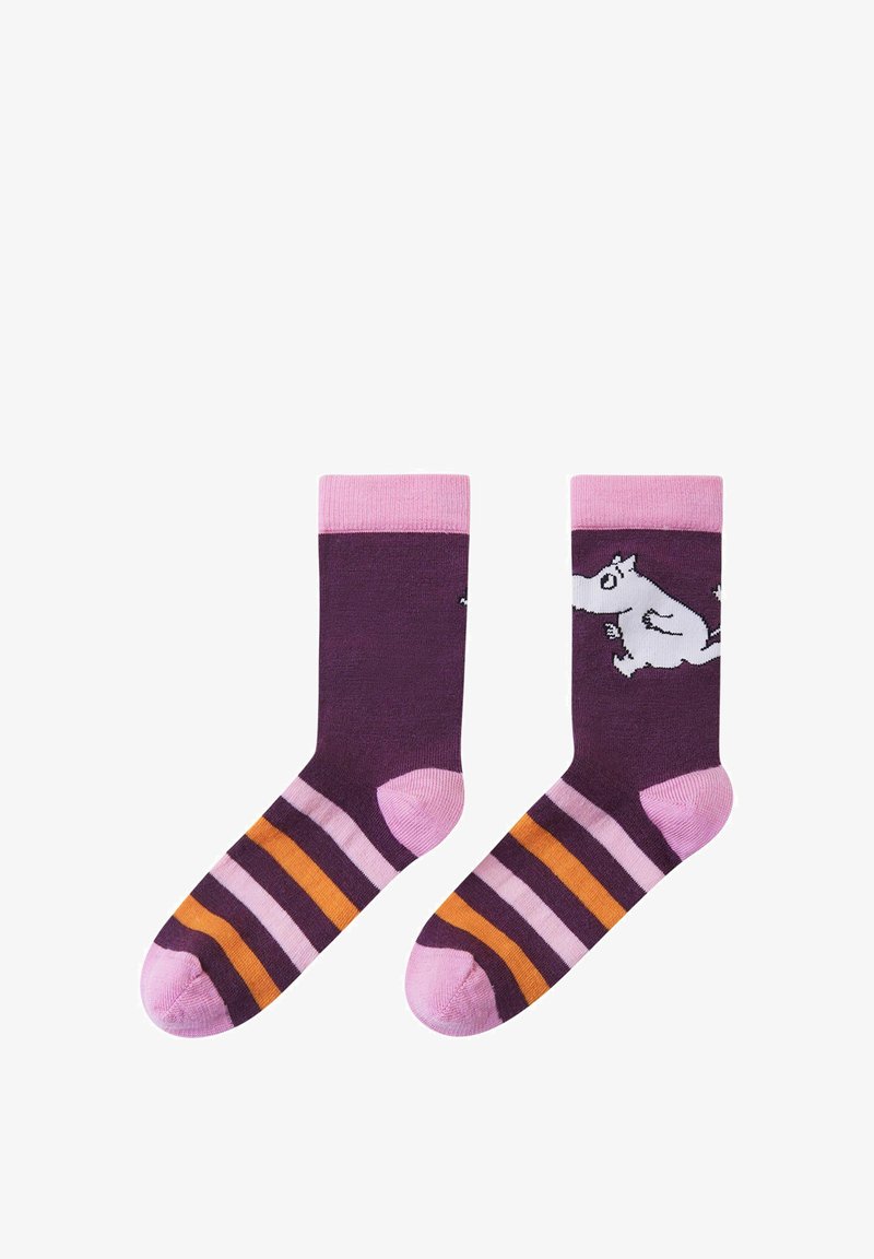 Purple cotton socks with pink ribbed cuffs, featuring a white running character and a striped pattern in pink and orange on the foot.