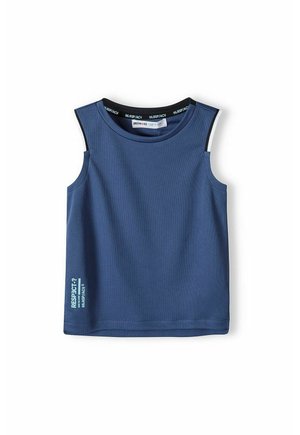 Haut sans manches bleu marine en tissu texturé, avec un col rond et des accents latéraux en noir et blanc. "RESPECT?" imprimé en bleu clair.