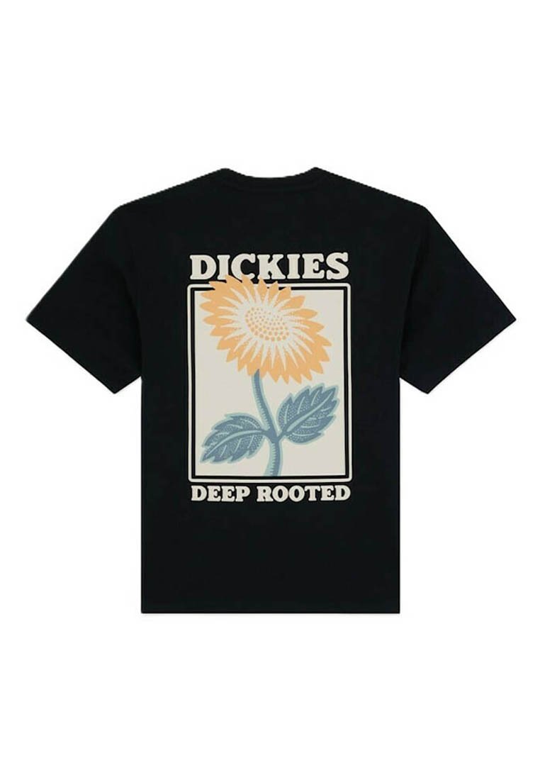 Sort t-shirt med en beige og blå solsikke-grafik indrammet, "DICKIES" over og "DEEP ROOTED" under blomsten.