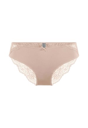 Panty beige da donna realizzate in tessuto morbido, con finiture in pizzo floreale lungo la vita e le gambe, e un piccolo fiocco davanti.