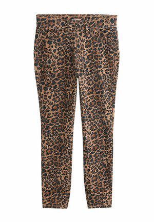 Eng anliegende Hose mit braun-schwarzem Leopardenmuster und Fünf-Taschen-Design, vor weißem Hintergrund dargestellt.