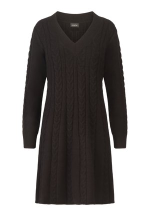 Black knit sweater dress with a v-neck, long sleeves, and textured cable pattern throughout. Soft fabric with a relaxed fit, knee-length.