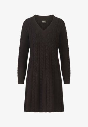 Black knit sweater dress with a v-neck, long sleeves, and textured cable pattern throughout. Soft fabric with a relaxed fit, knee-length.