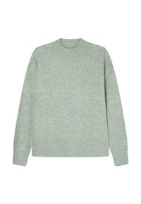 Light green sweater, crew neck, soft texture, long sleeves, dropped shoulders, ribbed cuffs and hem, minimalistic design without patterns.