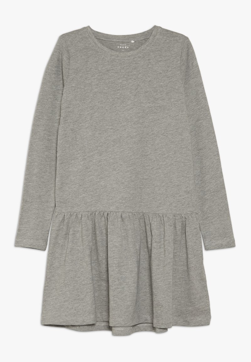 Robe décontractée gris clair à manches longues, taille basse et jupe froncée, en tissu tricoté doux.