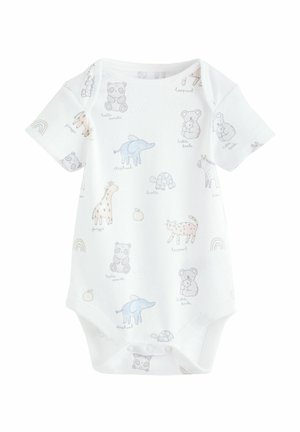 Valge beebikeha lühikeste varrukatega, millel on pehmed pastelsed loomade ja vikerkaare illustratsioonid ning allosas trukkidega sulgemine.