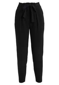 Svarta tapered byxor i lätt tyg har en midja med framsluten knytning, veck och två sidfickor.