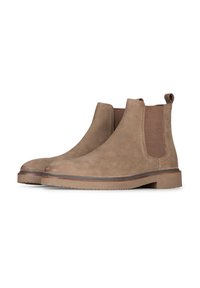 Stivali Chelsea in suede marrone con pannelli laterali elasticizzati, linguetta sul tallone e suola in gomma liscia. Cuciture a contrasto sottili attorno alla parte superiore.