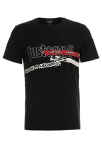 Camiseta negra de manga corta con un diseño gráfico frontal que presenta el texto "Just Cavalli" y acentos de estampado animal en colores rojo, blanco y gris.