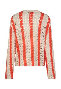 Strickjacke mit offener Maschenstruktur und wechselnden orange- und cremefarbenen Streifen. Runde Halslinie und lange Ärmel mit lockerer Passform.