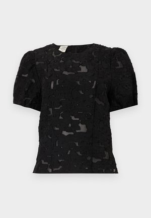 Czarny top o teksturowanym, kwiatowym wzorze koronkowym, z krótkimi bufkami i okrągłym dekoltem. Półprzezroczysty materiał o gładkim wykończeniu.