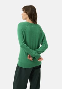 Pull en tricot vert avec des manches longues, design raglan, ourlet et poignets côtelés. Texture douce avec une coupe décontractée, porté avec un pantalon noir.
