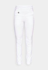 White, form-fitting pants with a high waistband, featuring a small silver accent and side pockets; smooth texture, tapered legs.