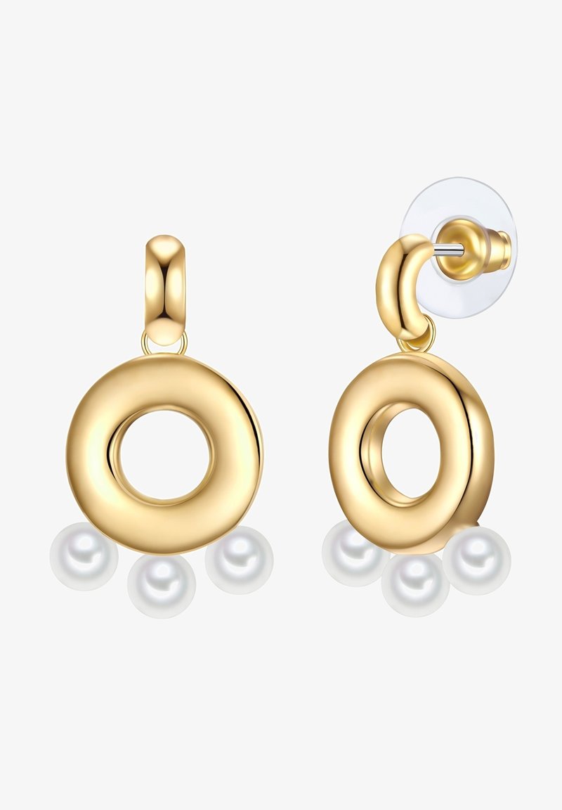 Guldøreringe med en cirkulær design, prydet med tre hvide perler i bunden og klare bagstænger. Glat, poleret tekstur.