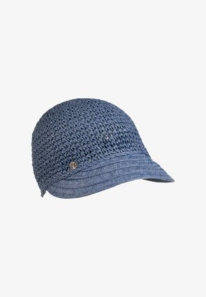 Blue, woven hat with a rounded crown and a wide, ribbed brim; features a small metallic logo detail on the side.