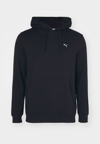 Hoodie lungo nero a maniche lunghe con tasca a marsupio frontale, lacci regolabili e piccolo logo bianco Puma sul lato sinistro del petto.