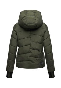Olive green padded jacket with hood and black ribbed cuffs, shown from the back.