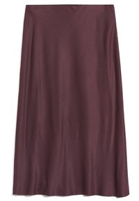 Burgundin midi-hame, joka on valmistettu sileästä ja kiiltävästä kankaasta, suoran leikkauksen omaava eikä siinä ole näkyviä kiinnikkeitä tai koristeita.