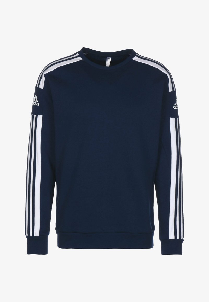Sweat-shirt Adidas bleu marine avec design à trois bandes blanches le long des manches et logo Adidas sur les panneaux des bras supérieurs.