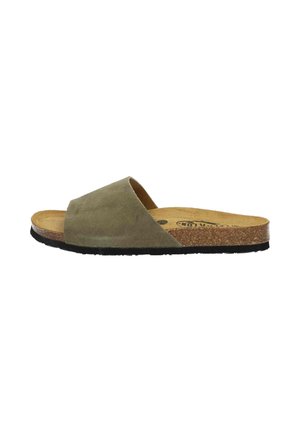 Green suede slide sandal with cork footbed and textured black rubber sole. Features a wide upper band and an open-toe design.