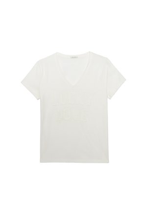 T-shirt en coton blanc avec un col en V et des manches courtes. Présente un texte en relief "LUCKY LOVE" sur le devant. Texture lisse, coupe décontractée.