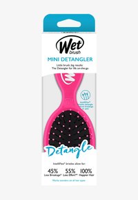 Mini avknutningsborste med ett hetrosa plasthandtag, en svart gummibas, flexibla IntelliFlex-borstar och rosa prickar för grepp.