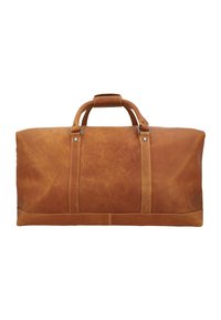 Braune Leder-Duffle-Tasche mit glatter Textur, ausgestattet mit zwei oberen Griffen, Metallakzenten und einem minimalistischen Design.