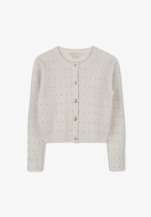 Beige žebrovaný pletený cardigan s dlouhými rukávy, pozlacenými aplikacemi ve tvaru cvočků a pěti velkými kulatými zlatými knoflíky vpředu.