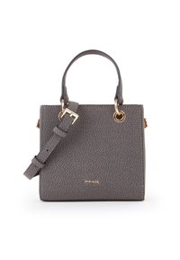 Borsa a tracolla in pelle grigia con una forma strutturata, due manici superiori e una tracolla rimovibile. Presenta dettagli in metallo dorato.