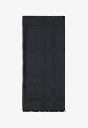 Écharpe noire avec un motif texturé de lignes et de cercles entrelacés. Fini avec des franges à une extrémité, fabriqué en tissu lisse.