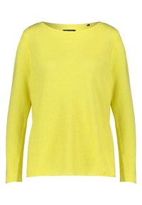 Gelber Langarmpullover mit Rundhalsausschnitt, gerippter Textur und diagonaler Nahtdetail auf der Vorderseite.