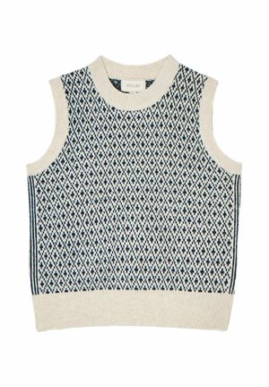 Sleeveless knit sweater with a beige base, featuring a blue and navy diamond pattern, ribbed neckline, and hem.