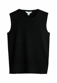 Chaleco de punto negro sin mangas con cuello redondo y bordes acanalados, etiquetado como talla media por la marca The Set.