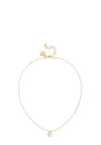 Goldene Halskette mit einem zarten Design, die einen kleinen pinkfarbenen herzförmigen Anhänger und einen Karabinerhaken mit einer verstellbaren Kette besitzt.