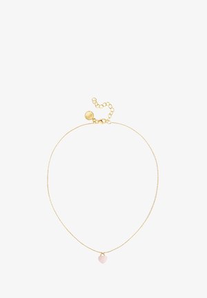 Złoty naszyjnik z delikatnym wzorem, z małym różowym serduszkiem i karabińczykiem oraz regulowanym łańcuszkiem.