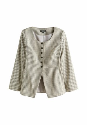 Vihreä-beigenruudullinen paita, jossa pitkät hihat, pyöreä pääntie ja kahdeksan edessä olevaa nappia, hieman liehuva helma ja sileä sisävuori.