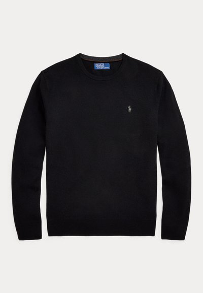 Schwarzer Langarm-Rundhalspullover mit kleinem Polo Ralph Lauren-Logo, das auf der linken Brust gestickt ist.