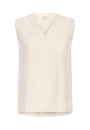 Varrukateta topp off-white kangast, millel on peen tekstuur, V-kaelus ja veidi kõver hem, mis tagab mugava istuvuse.