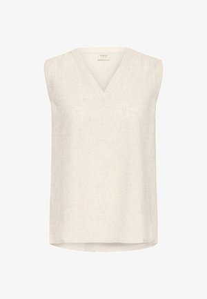 Varrukateta topp off-white kangast, millel on peen tekstuur, V-kaelus ja veidi kõver hem, mis tagab mugava istuvuse.