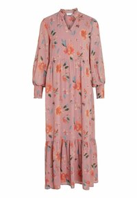 Longue robe rose à fleurs avec col en V, taille froncée, manches longues bouffantes avec poignets smockés et ourlet à volants.