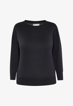 Črn pulover z dolgimi rokavi, okroglim ovratnikom in rebrastim spodnjim robom. Gladka tekstura, preprost dizajn brez dodatnih vzorcev ali akcentov.