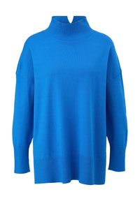 Pull bleu vif à manches longues avec un col montant côtelé, des poignets côtelés et un ourlet côtelé, présentant une coupe décontractée et légèrement oversize.
