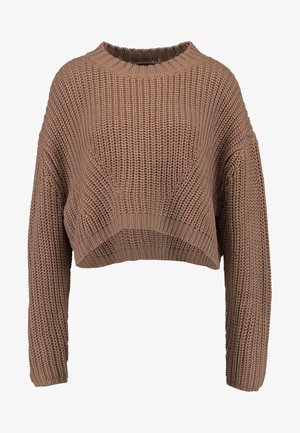 Maglione corto lavorato a maglia marrone, con una texture a coste, maniche ampie e collo rotondo. Materiale morbido e spesso con un fit rilassato.