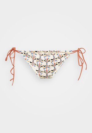 Mustrih bikini alused, millel on kreemjas alus ja värvilised lillemustrid, reguleeritavad korallvärvi sidemed mõlemal küljel.