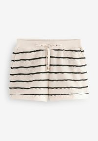 Pantaloni scurți tricotati de culoare crem cu dungi orizontale negre. Prezintă un talie elastică moale și un șnur reglabil. Croială lejeră.